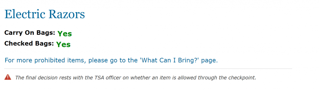 tsa rules electric razor